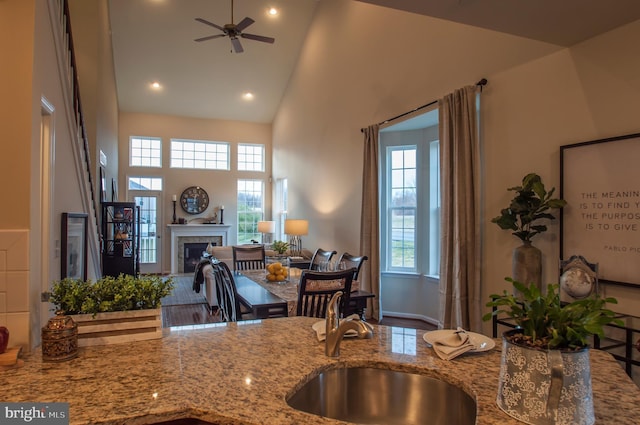 kitchen with ceiling fan, light stone countertops, a wealth of natural light, and sink