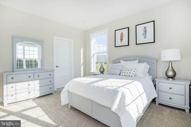 bedroom featuring light colored carpet