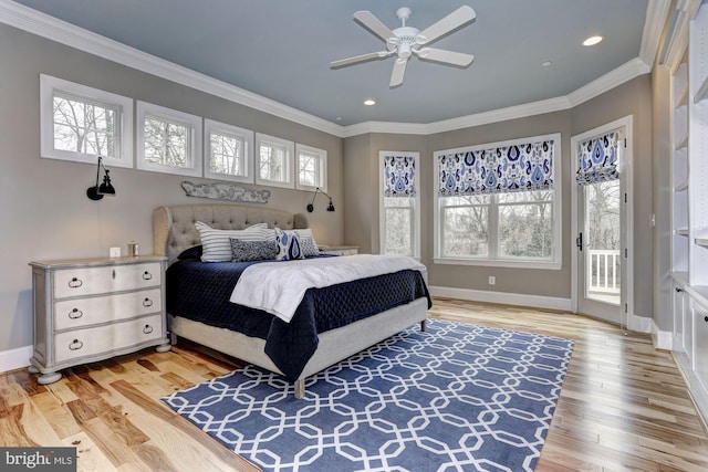 3621 Edgemont St, Edgewater, MD 21037 - bedroom featuring access to exterior, light wood-style floors, crown molding, multiple windows, and recessed lighting