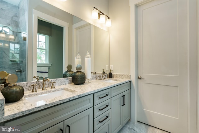 bathroom with tile flooring and dual bowl vanity