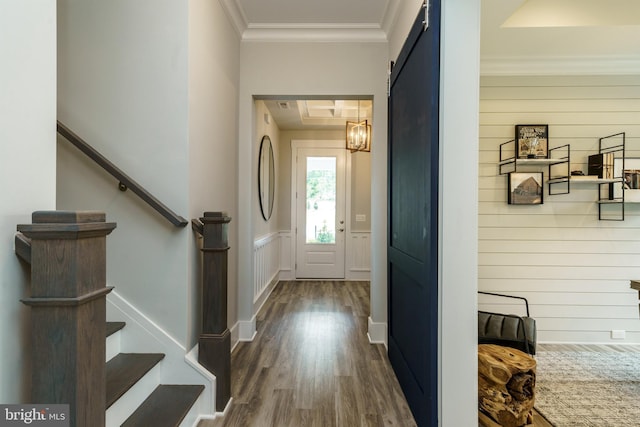 foyer entrance with a raised ceiling, ornamental molding, and dark hardwood / wood-style flooring