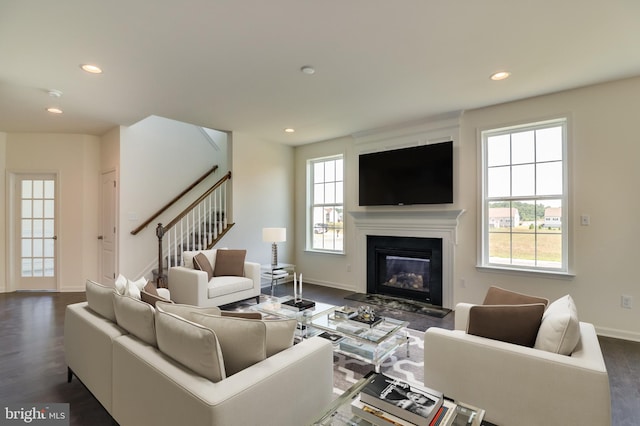 living room featuring dark wood-type flooring