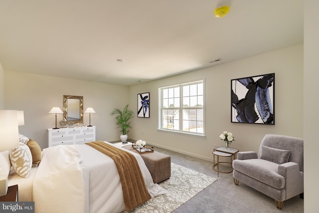 bedroom with light colored carpet