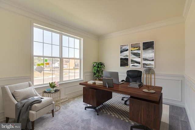 carpeted office with crown molding