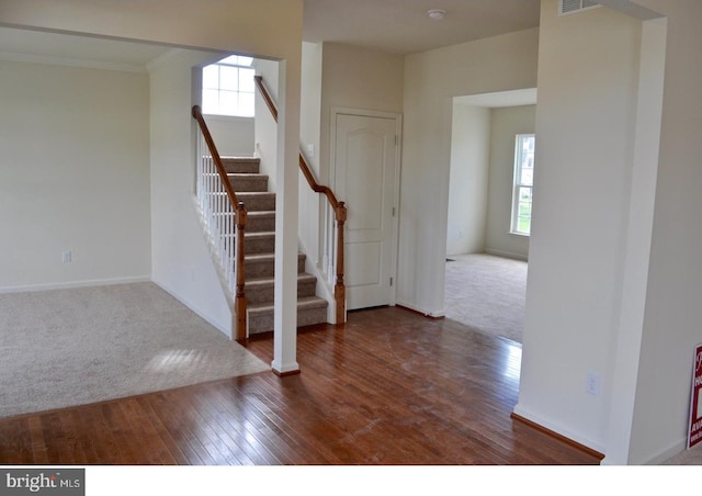 staircase with dark hardwood / wood-style flooring and a healthy amount of sunlight