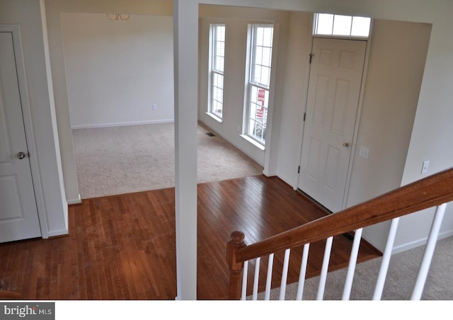 entryway with plenty of natural light and dark carpet