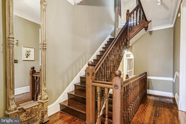 stairs featuring dark hardwood / wood-style floors and crown molding