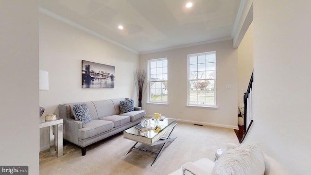 living room featuring light carpet and crown molding