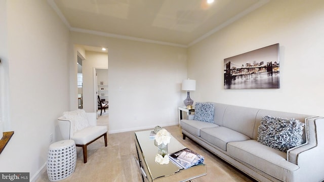 carpeted living room with ornamental molding