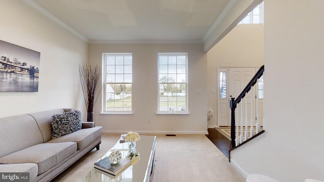 living room featuring ornamental molding and carpet flooring