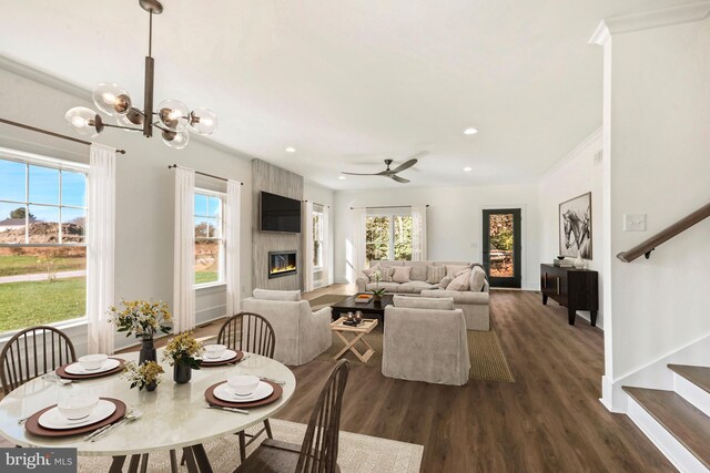 dining space featuring a fireplace, ceiling fan with notable chandelier, dark hardwood / wood-style floors, and a wealth of natural light