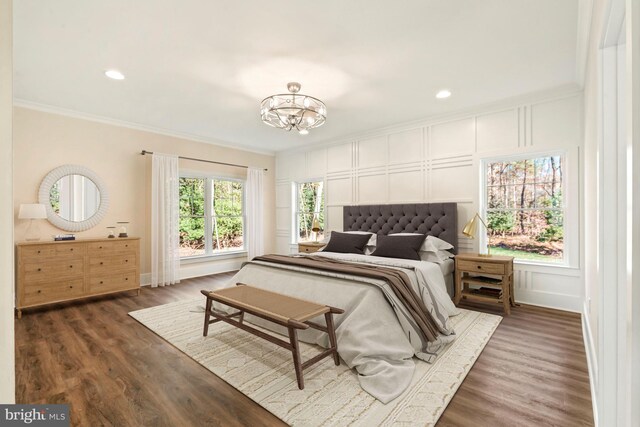 bedroom with dark hardwood / wood-style floors, ornamental molding, and multiple windows