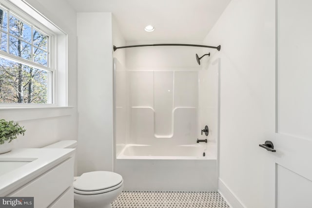 full bathroom featuring tile flooring, shower / bathing tub combination, toilet, and vanity