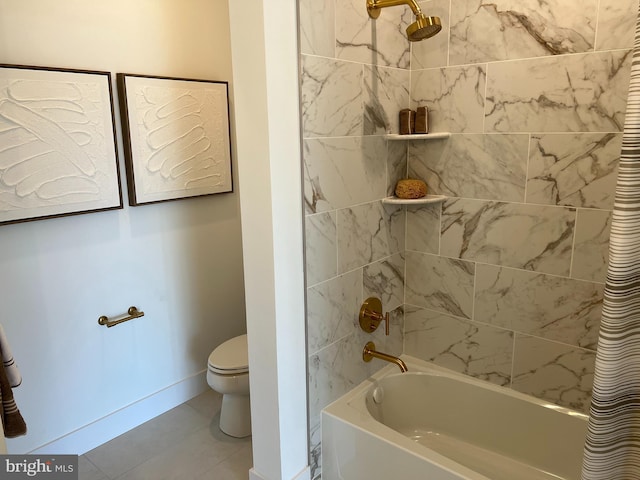 bathroom featuring shower / bath combination with curtain, tile floors, and toilet