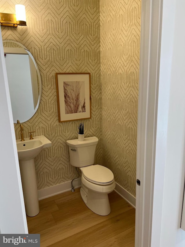 bathroom with toilet and hardwood / wood-style floors