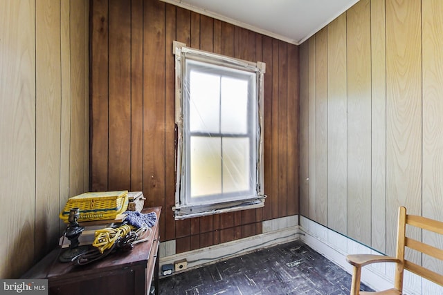 interior space with wooden walls and crown molding