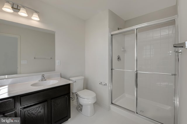 bathroom with walk in shower, toilet, vanity, and tile flooring