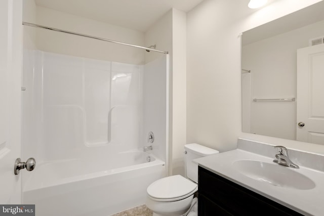 full bathroom featuring toilet, shower / washtub combination, and vanity