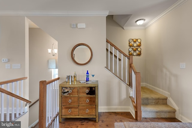 staircase with dark hardwood / wood-style flooring, an inviting chandelier, and ornamental molding