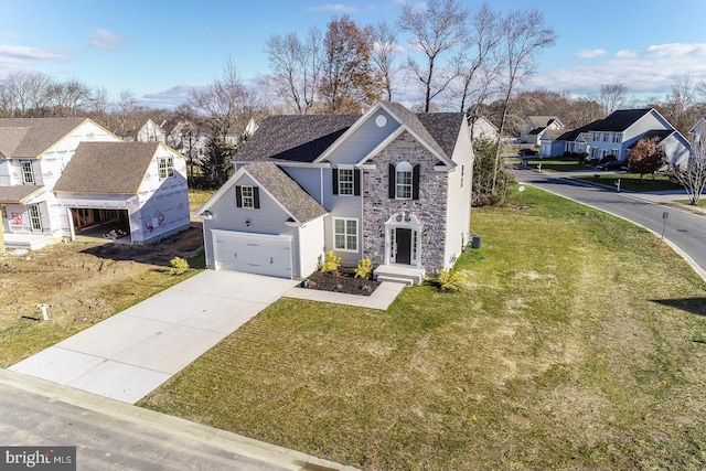 front facade with a front lawn and a garage