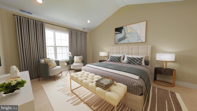 carpeted bedroom featuring vaulted ceiling