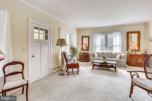 living room featuring light colored carpet and ornamental molding