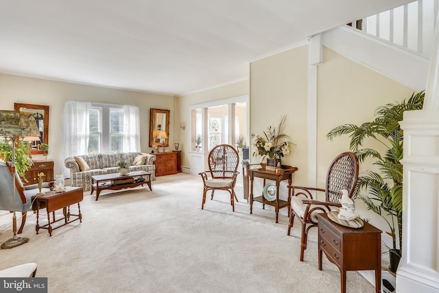 sitting room with light carpet and ornamental molding