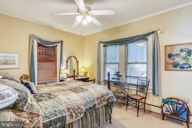 bedroom featuring light carpet, ornamental molding, and ceiling fan