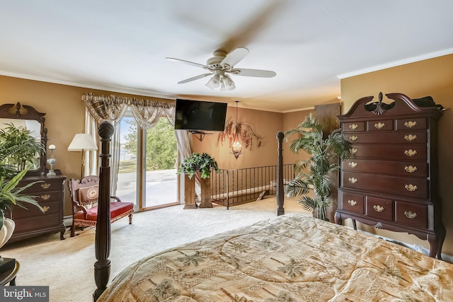 carpeted bedroom featuring access to exterior and ceiling fan