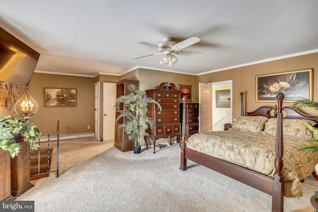 bedroom with light colored carpet, crown molding, a baseboard heating unit, and ceiling fan with notable chandelier