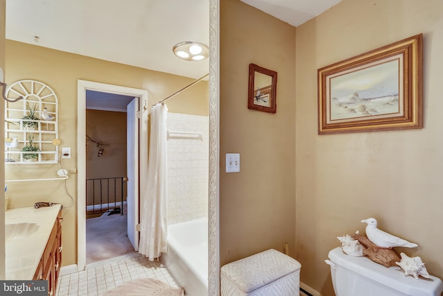 full bathroom featuring tile floors, toilet, shower / tub combo, and vanity