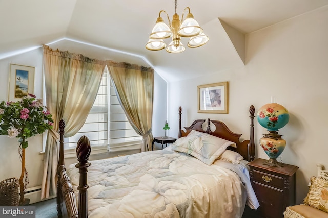 bedroom featuring a chandelier, carpet, lofted ceiling, and a baseboard radiator