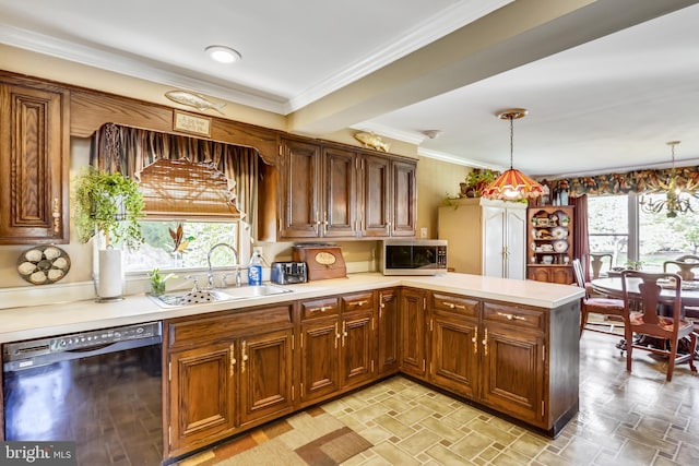 kitchen featuring hanging light fixtures, dishwasher, sink, a chandelier, and crown molding