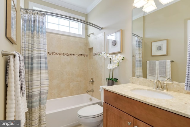 full bathroom featuring shower / bath combination with curtain, toilet, vanity, and crown molding