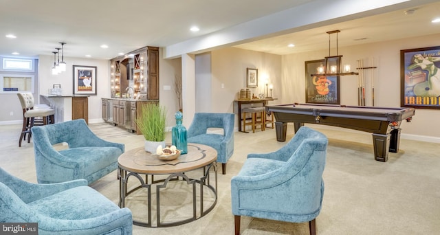 rec room featuring light colored carpet, pool table, and bar