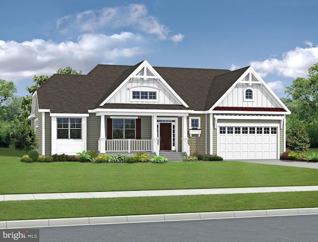 craftsman house with covered porch, a front yard, and a garage