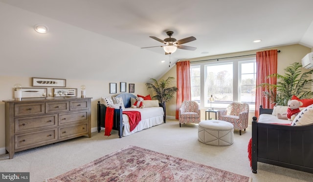 bedroom featuring lofted ceiling, ceiling fan, and light carpet