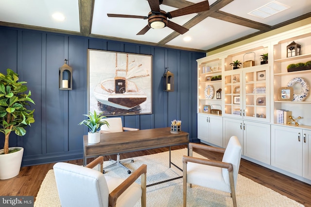 office space featuring dark hardwood / wood-style flooring, ceiling fan, and coffered ceiling