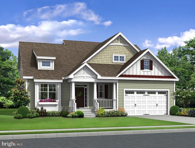 craftsman-style home with a porch, a front yard, and a garage