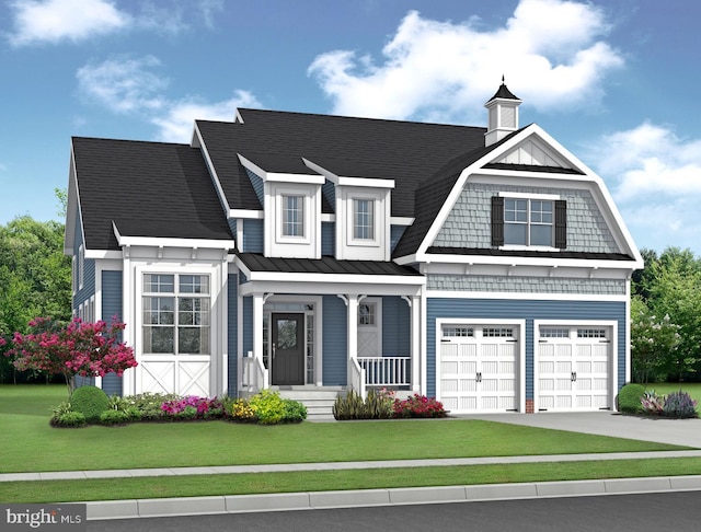 view of front of home featuring a porch, a front lawn, and a garage