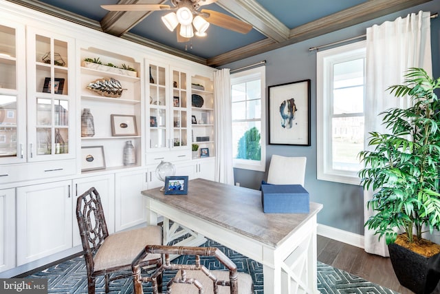 home office with coffered ceiling, ceiling fan, beamed ceiling, crown molding, and dark hardwood / wood-style flooring