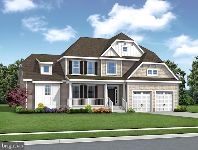 view of front facade with a front lawn, a porch, and a garage