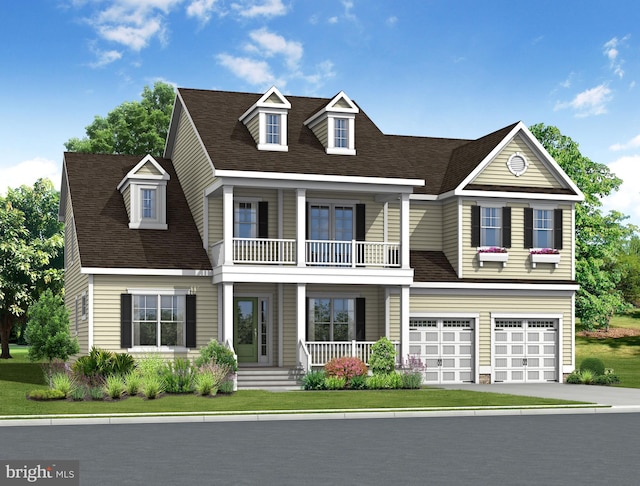 view of front of property featuring covered porch, a front yard, and a garage