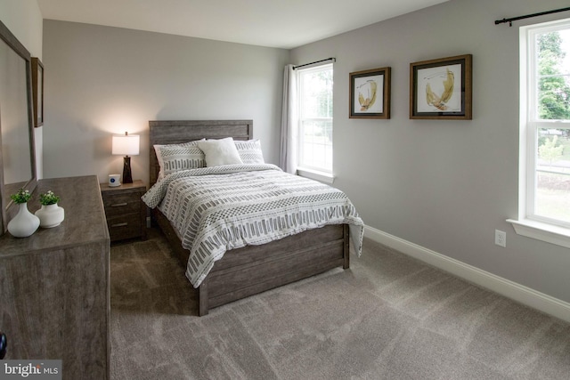 bedroom with dark carpet