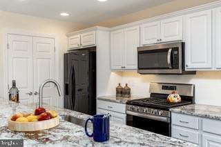 kitchen featuring light stone countertops, stainless steel appliances, and white cabinetry