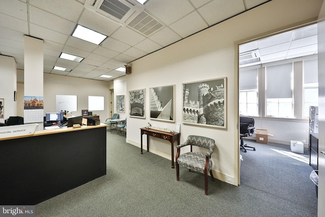 carpeted home office with a drop ceiling