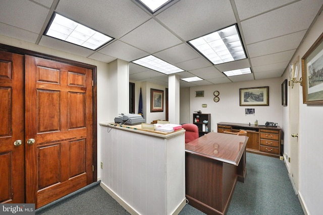 carpeted home office featuring a drop ceiling