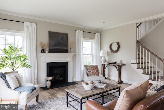 living room with ornamental molding and hardwood / wood-style floors