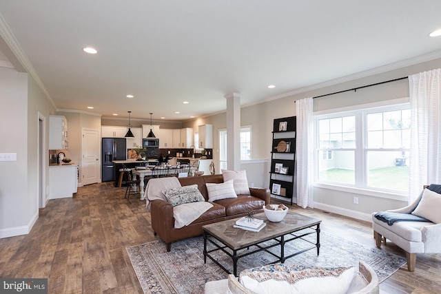 living room with crown molding, wood-type flooring, ornate columns, and sink