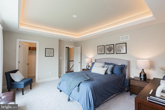 carpeted bedroom with a tray ceiling, a spacious closet, and a closet